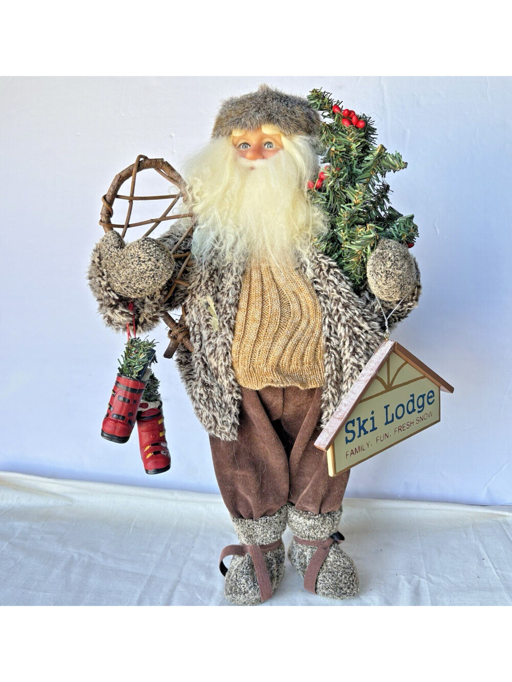 17” Rustic Woodland Santa Figurine With Snow Shoes, Skis Boots, Ski Lodge sign